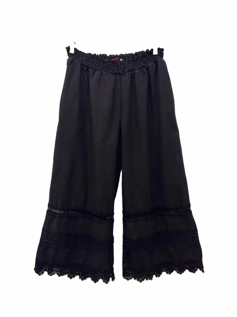 Johnny Was 100% Linen Black Crochet Eyelet Lace Elastic Waist Pants Size Medium